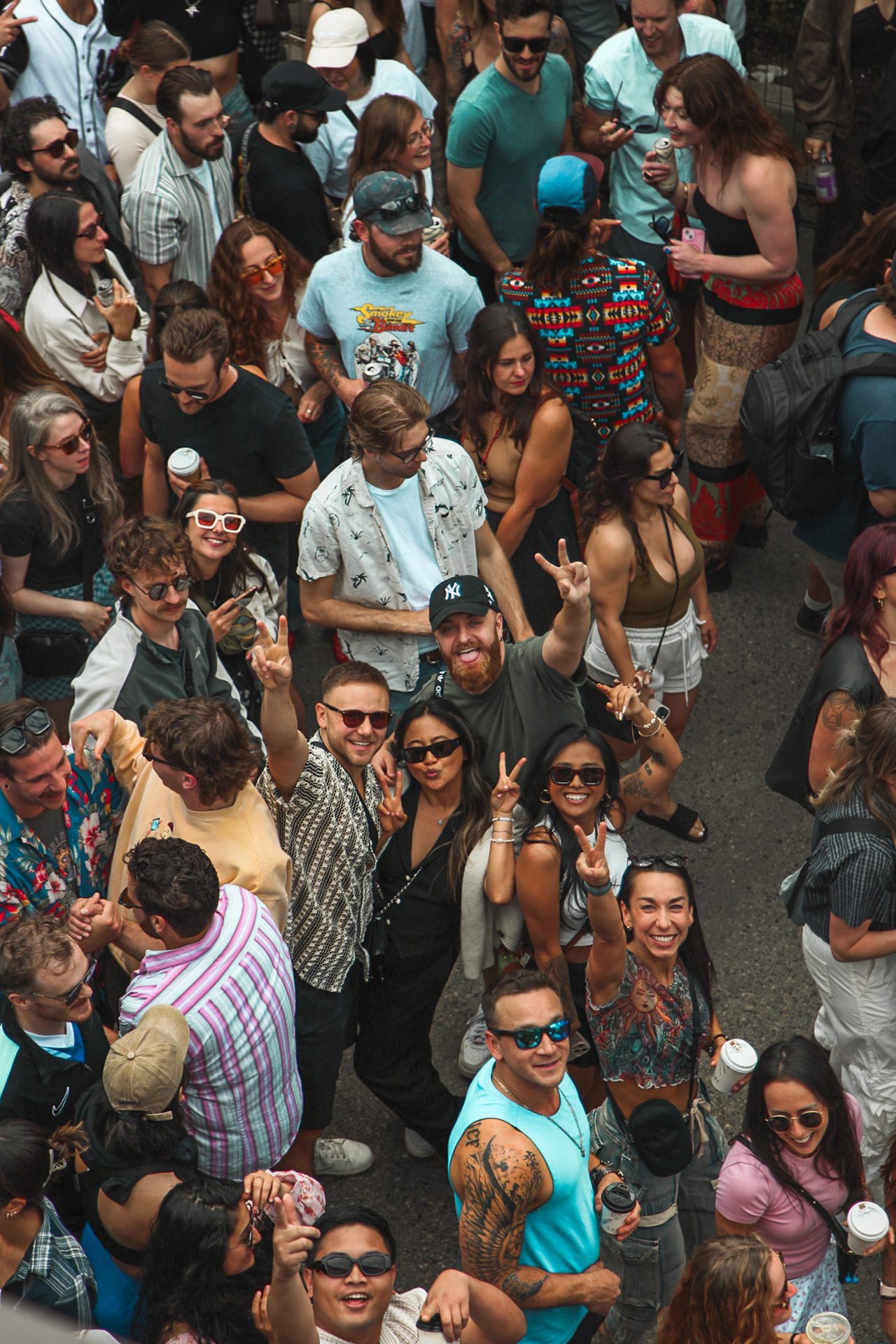 Overhead view of a packed street dancefloor