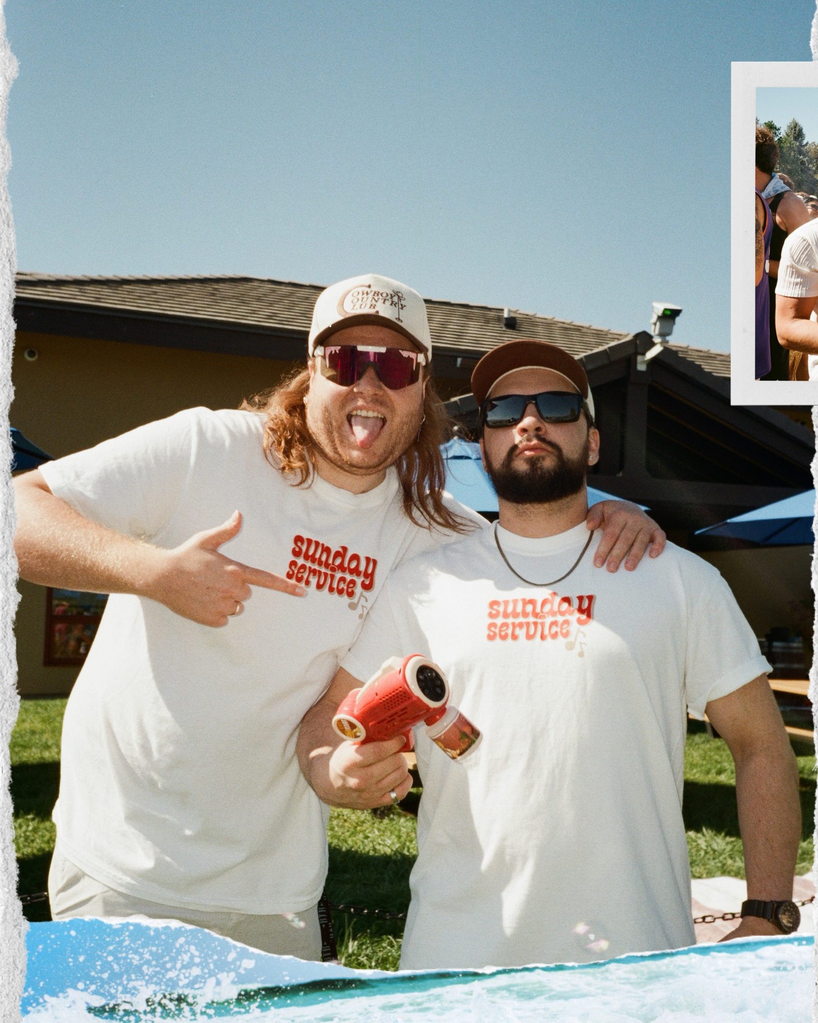 Two friends in Sunday Service tees at the party