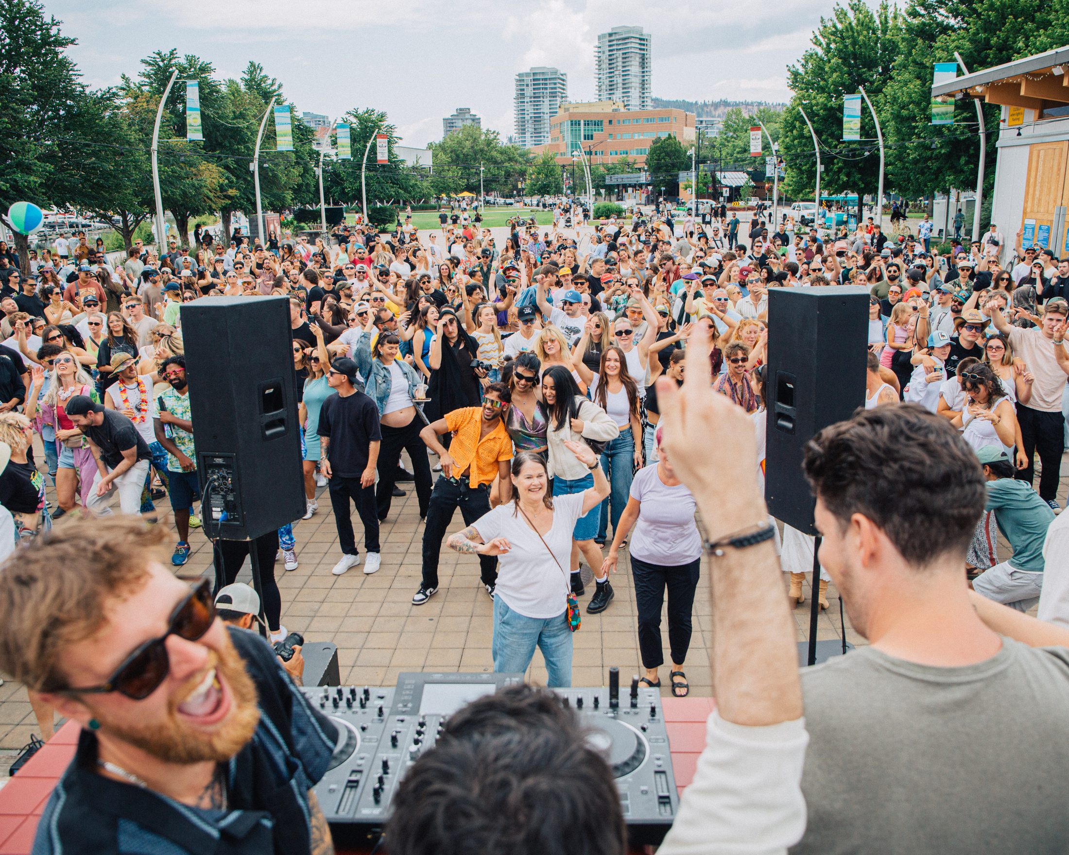 DJ view over a huge hands-up park crowd